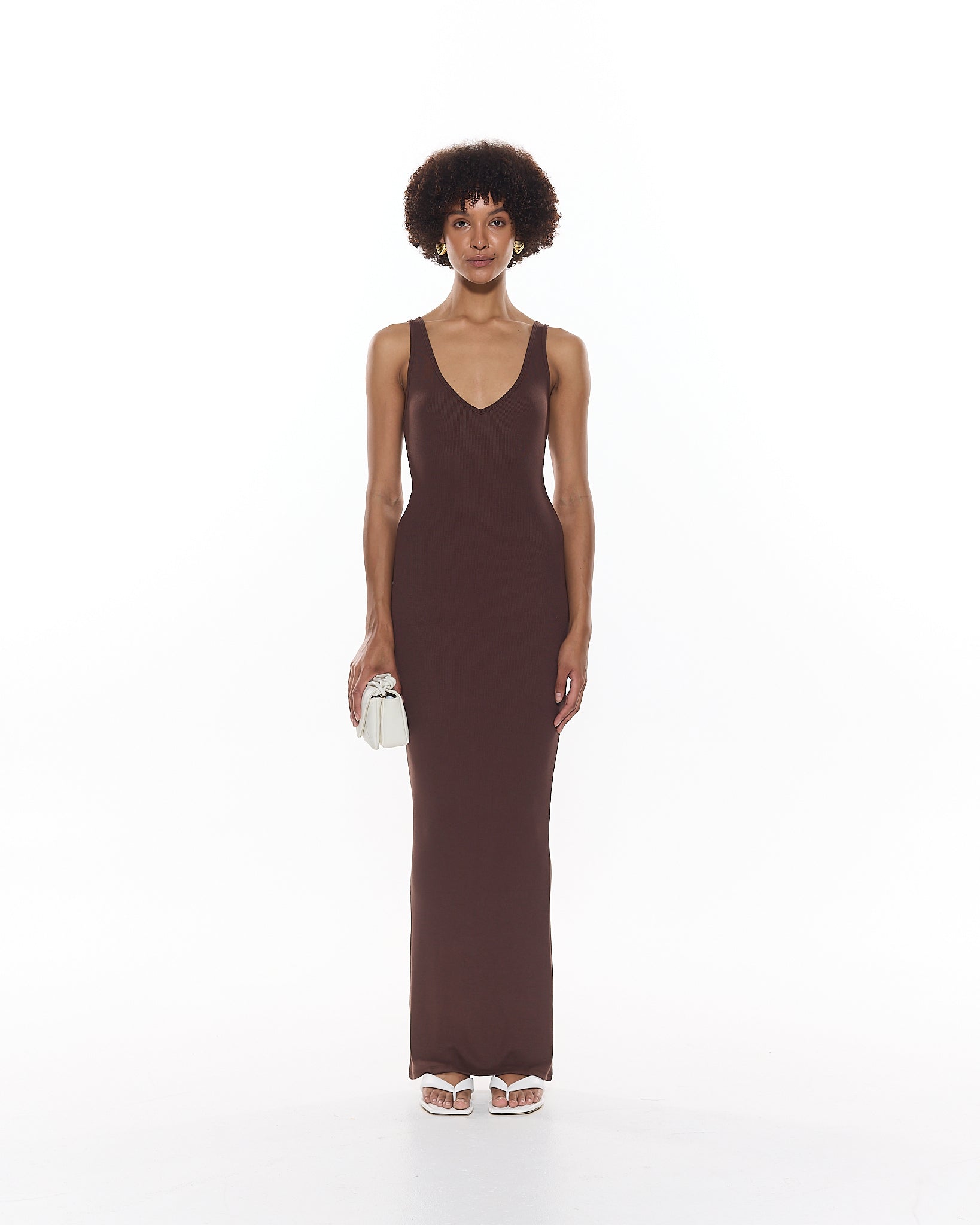 Telv // Chocolate Brown V Neck Maxi Dress | Soft Lounge | Myra