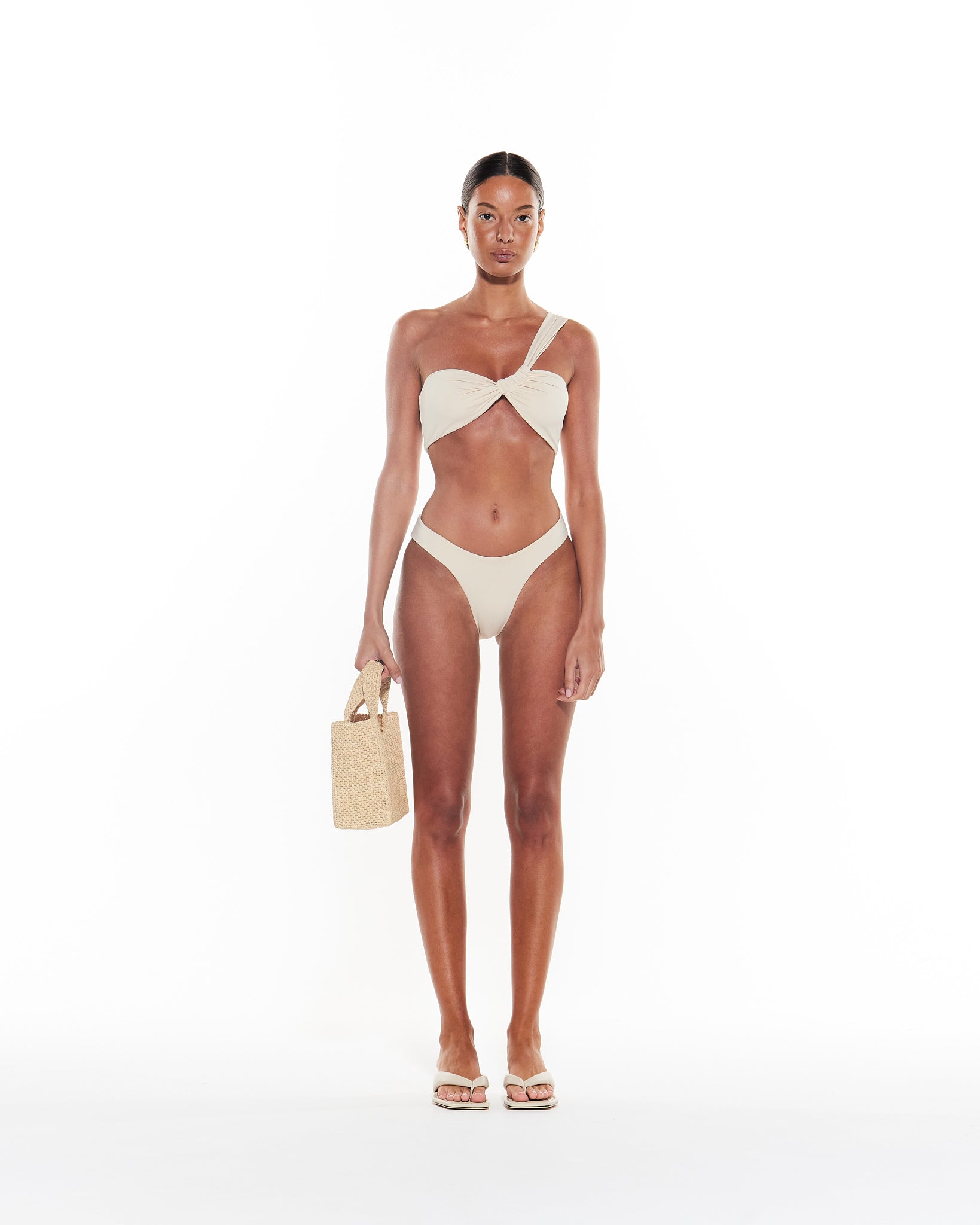 The Enzo // Ivory / Cream Asymmetric Ruched Bikini Top | Myra Swim